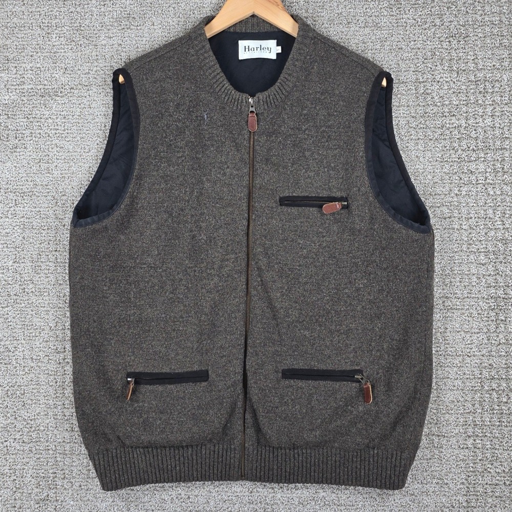 Harley of Scotland Mens 100% Wool Full Zip Knit‎ Vest Brown Lined Size L